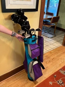 CHARLOTTE HORNET YOUTH/TEEN VINTAGE PURPLE & TEAL GOLF BAG COMPLETE CLUB SET - Picture 1 of 23