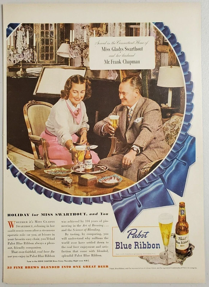 Anuncio impreso Pabst Blue Ribbon Beer Happy Couple 1948 vasos de bebida Foto 1 de 1