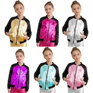 Kids Girls Shiny Metallic Bomber Moto Jacket Long Sleeve Coat Disco Hip Hop Jazz - Picture 1 of 50