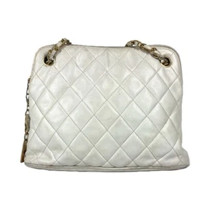 CHANEL vintage Matelasse Quilted Logo Double Chain Shoulder Bag Leather White - Picture 1 of 19