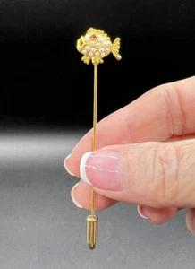 Vintage Fish Gold Tone Lapel Stick Pin, Faux Pearl/Rhinestone, 3” - Picture 1 of 7