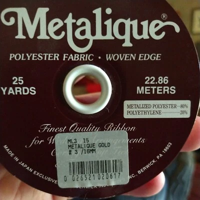#3 Metalique Gold Polyester Fabric Woven Edge Ribbon Wedding Holiday Berwick Ind - Image 1 of 3