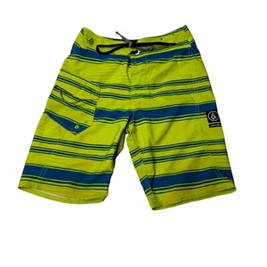 Volcom Boy's Striped Mod-Tech Boardshorts Surf Swim Shorts Green Blue sz 23 10 Y - Picture 1 of 3