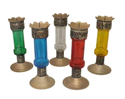 Juego de candelabros de vidrio reciclado hecho a mano de 5 pequeños para la decoración de la mesa multicolor  Foto 1 de 4