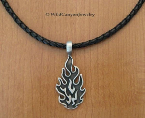 Pewter Fire Flame Pendant Black Braided Leather Necklace - Picture 1 of 2