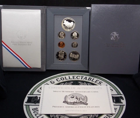 1991 U.S. Mint PROOF Silver PRESTIGE Set "MOUNT RUSHMORE " Box & COA (7 Coin) Cover