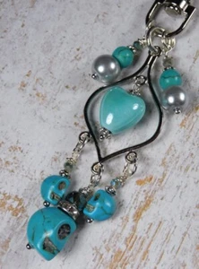 Chandelier Heart Skull Purse Charm Bag Clip Turquoise Blue Silver New Handmade - Picture 1 of 4