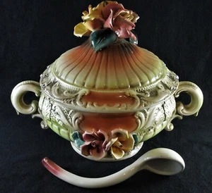 Antike Capodimonte große bedeckte Tureen Schüssel Rokoko Suppe Schüssel Deckel Griffe EUC - Bild 1 von 12
