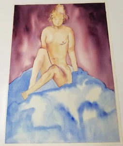 Mujer desnuda en la nube acuarela púrpura niebla cielo 1978 cabello rizado años 70 - Imagen 1 de 7