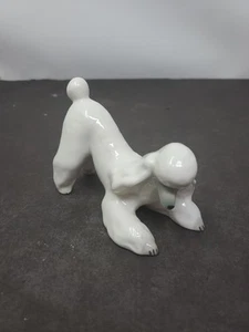 Estatuilla de porcelana Lomonosov perro caniche blanco jugando juguetón 4" de largo - Imagen 1 de 7