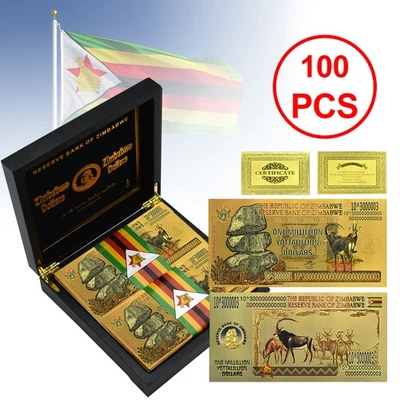 Zimbabwe Gold Foil Banknotes One Millillion Yottalillion Dollars 100pcs/box - Image 1 of 4