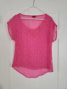 🌹Bongo Women's Sheer Lace Trim Blouse Hot Pink Pullover Shirt Hi-Lo Hem Size M - Picture 1 of 5