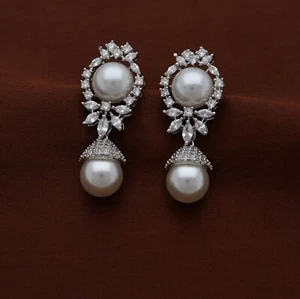 Classic Pearl Cubic Zirconia Dangle Earrings - Picture 1 of 6