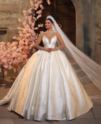 Princess Beaded Long Sleeves Wedding Dresses Satin A Line Bridal Gowns - Image 1 of 4