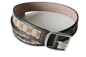 CINTURÓN GUCCI Cuero Lona UNISEX 449716 Talla 80 Marrón Plata - Imagen 1 de 4