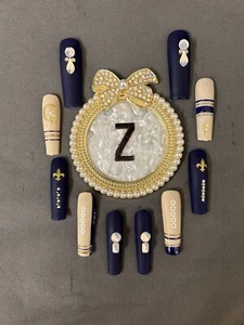 Z NAILZ! Gorgeous Set Of Handmade 2XL Square Blue/Lt. Tan W/bling Press On Nails - Picture 1 of 6