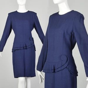 Large 1980s Carolina Herrera Dress Blue Peplum Long Sleeve Drop Waist Modest VTG - Picture 1 of 9
