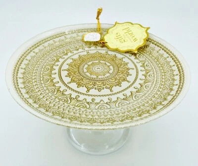 Turkish Glass White Cake Stand Glass Pedestal Dessert Platter Gold Lace 8.2" - Image 1 of 4