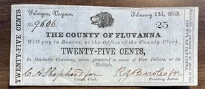 Obsolete Currency 25 Cents The County of Fluvanna Palmyra Virginia 1863 #85084 - Picture 1 of 2