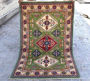 Fine Geometric Tribal Kazak Area Rug 4x6 Green Hand Knotted Nomadic Wool Carpet - Picture 1 of 11