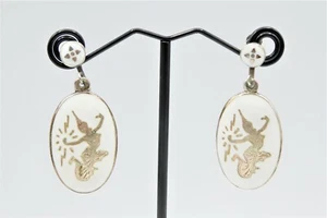 Vintage 925 Sterling Silver Niello Goddess Dancer White Enamel Screw Earrings - Picture 1 of 5