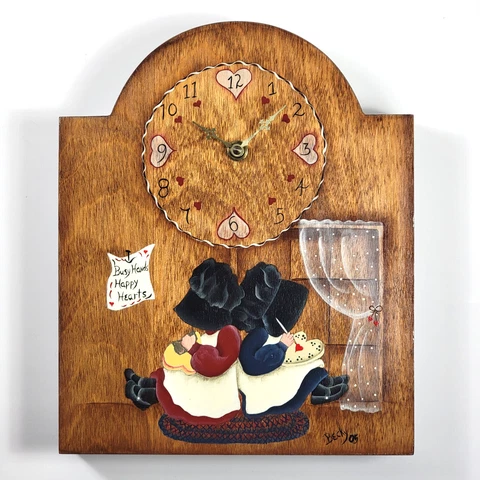 Folk Art Hand Painted Wood Wall Clock "Busy Hands, Happy Hearts" Painting Crafts Cover