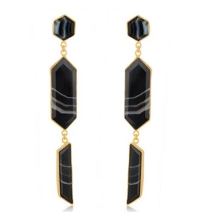Genuine Banded Agate Gemstone 18k Gold Plated Brass Fashion Dangle Earrings - Picture 1 of 5