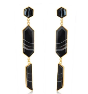 Pendientes colgantes de moda de latón chapado en oro de 18 quilates con piedras preciosas de ágata genuinas con bandas Foto 1 de 4