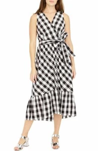 J. CREW BLACK WHITE FAUX WRAP GINGHAM CHECK POPLIN MIDI DRESS SZ 2 L2544 NO TIE - Picture 1 of 9