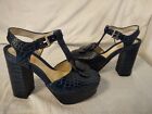 Orla Kiely For Clark's Navy Blue Croc Embossed Leather Chunky Ankle Heels Sz 6.5