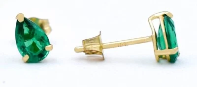 LAB CREATED AAA EMERALDS  1.24 Cts STUD EARRINGS 14K GOLD - New With Tag - Image 1 of 4