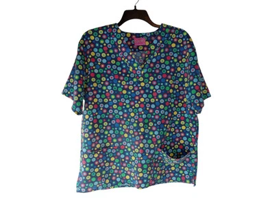 HUB-A DUB-SCRUBS Women's Polk Dot  Multicolor V Neck Scrub Top sz 1 XL - Image 1 of 4