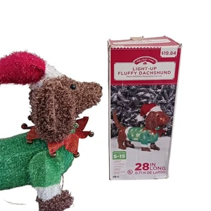 Holiday Time Light up Fluffy Dachshund Dog 28" Long In Box Green Sweater Hat - Picture 1 of 15