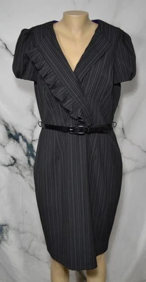 AK ANNE KLEIN платье черный многоцветный в тонкую полоску подпоясанный платье 16 короткие рукава - Изображение 1 из 4