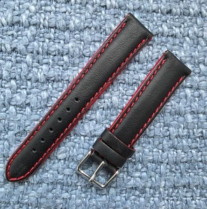 18mm Genuine Leather Black with Red Stitch Interchangeable Watch Band Strap - Picture 1 of 9