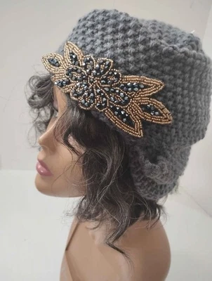 Sombrero turbante diadema tejido gris para mujer con calcomanía de cuentas nuevo Foto 1 de 4