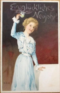 Neujahr 1902 Farblitho Postkarte: Frau trinkt & anstößt - Künstler signiert - Bild 1 von 1