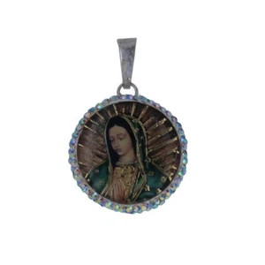 Sterling Silver, AB Crystal Guadalupe Medallion, Religious Pendant, AB Border - Picture 1 of 3