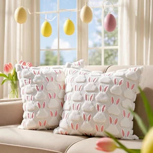 Easter Pillow Covers 18X18 Set of 2 – Pink Ears White Rabbit Soft Plush Faux Fur - Picture 1 of 12
