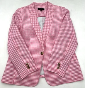 TALBOTS LINEN BLEND CLASSIC SUMMER BLAZER WOMENS 12P PINK GINGHAM FLAP POCKETS - Picture 1 of 19