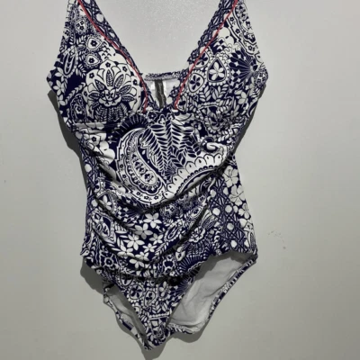 Maiô feminino Tommy Bahama azul branco paisley sem mangas peça única tamanho 10 - Imagem 1 de 4