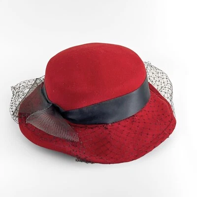Sombrero de ala de fieltro de lana 100 % Doeskin Bollman vintage para mujer rojo con lazo de satén Foto 1 de 4