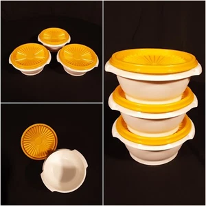 Tupperware Vintage White Servalier Bowls #1323-32 w Yellow Lids 8 oz Set of 3 - Picture 1 of 11