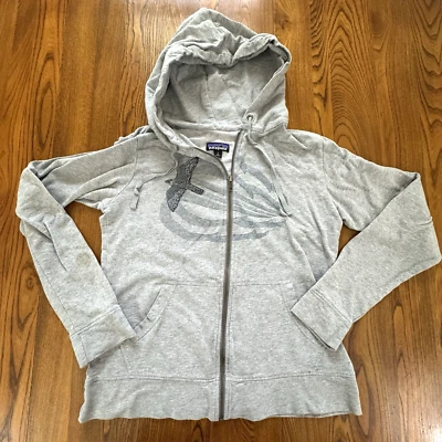 Patagonia Grey Full Zip Cotton Blend Bird Print Hoodie Jacket Women's Size S - Image 1 of 4