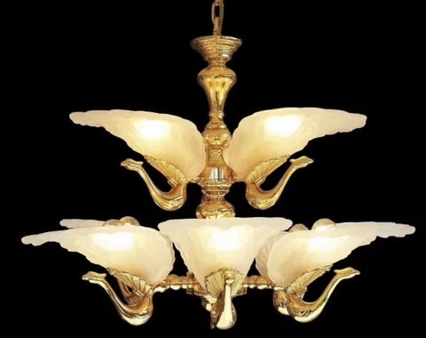 Vintage Art Deco Nouveau Murano Glass Peacock Figural Chandelier Italian Brass Cover