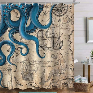 Long Vintage Nautical Octopus Shower Curtain Navy Blue Mermaid Funny Ocean Krake - Picture 1 of 12