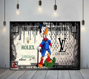 GRAFFITTI DONALD DUCK DOLLAR MONEY POP ART FRAMED WALL CANVAS OR POSTER PRINT - Picture 1 of 7