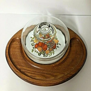 Charcuterie Board Goodwood Cheese and Cracker Wood Heavy Clear Glass Dome 1970s - Picture 1 of 12