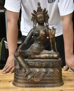 Escultura de diosa de iluminación Tara verde dorado cobre tibetano antiguo de 20,4" - Imagen 1 de 17