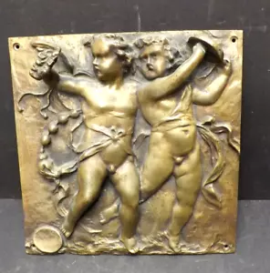 Antique Art Nouveau Brass Heavy Relief Wall Plaque-Cherubs - Picture 1 of 5